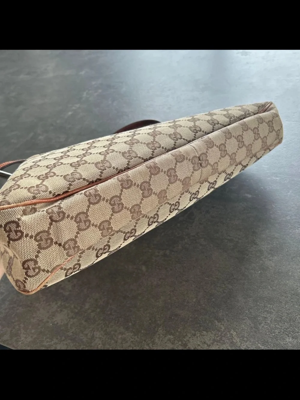 Gucci Brown GG Canvas Shoulder Bag with Tan Leather Trim